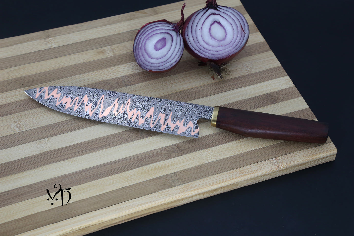 Hand Forged Kitchen Knife Gyuto Cumai 215 mm. Damascus & copper