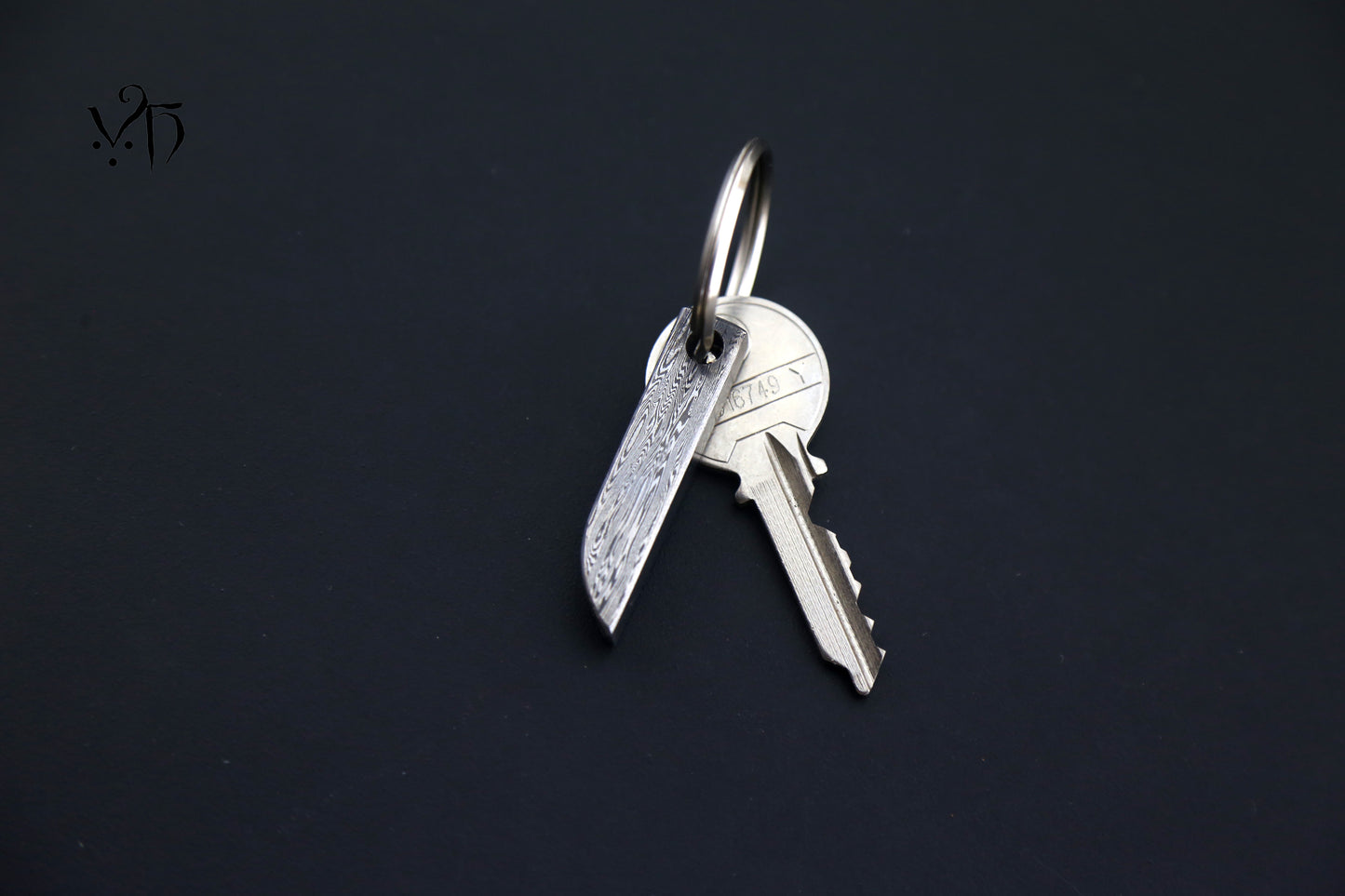 Unique Damascus Keychain. Hand Forged Gift for Blacksmithing Lovers