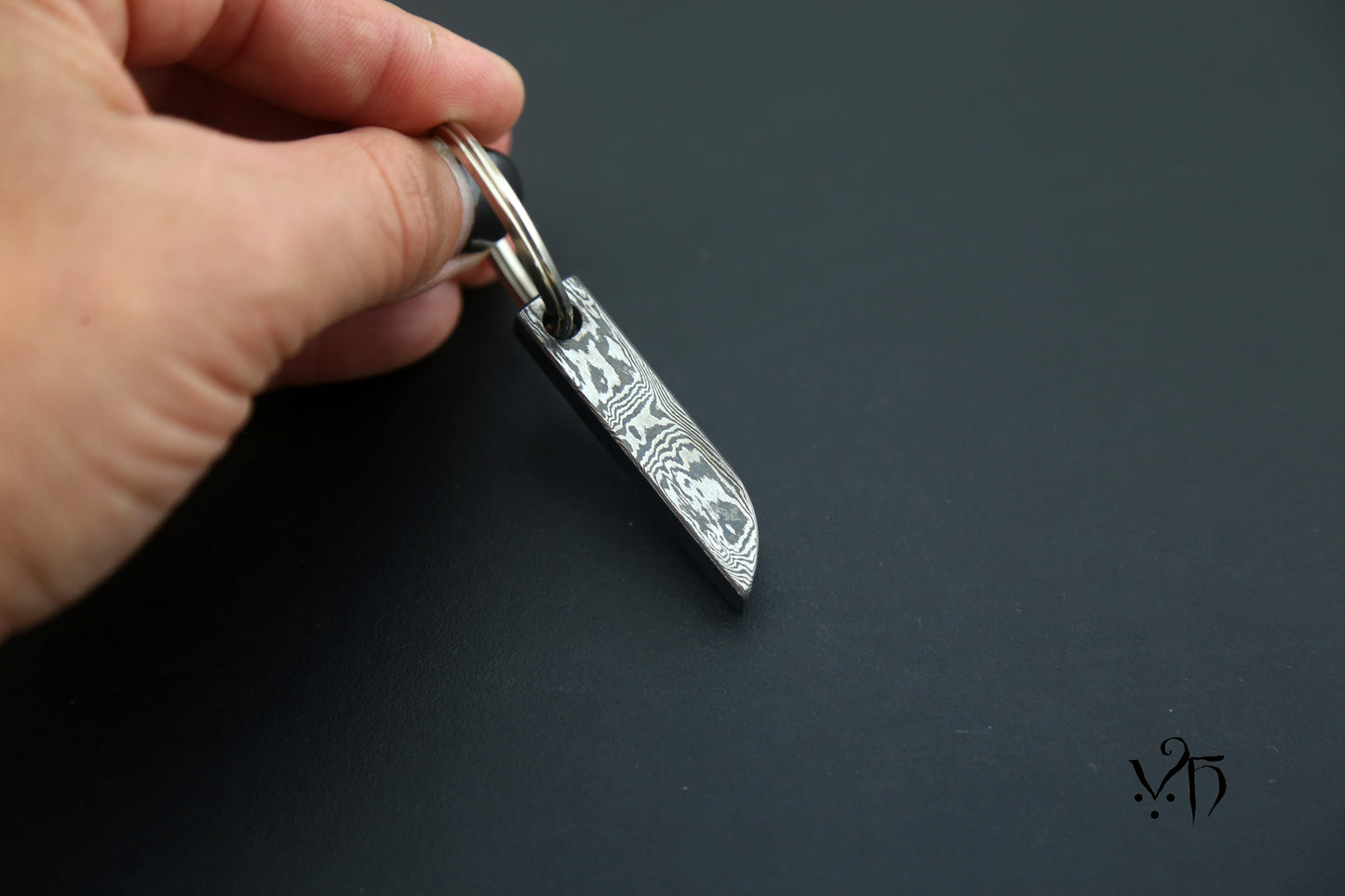 Unique Damascus Keychain. Hand Forged Gift for Blacksmithing Lovers