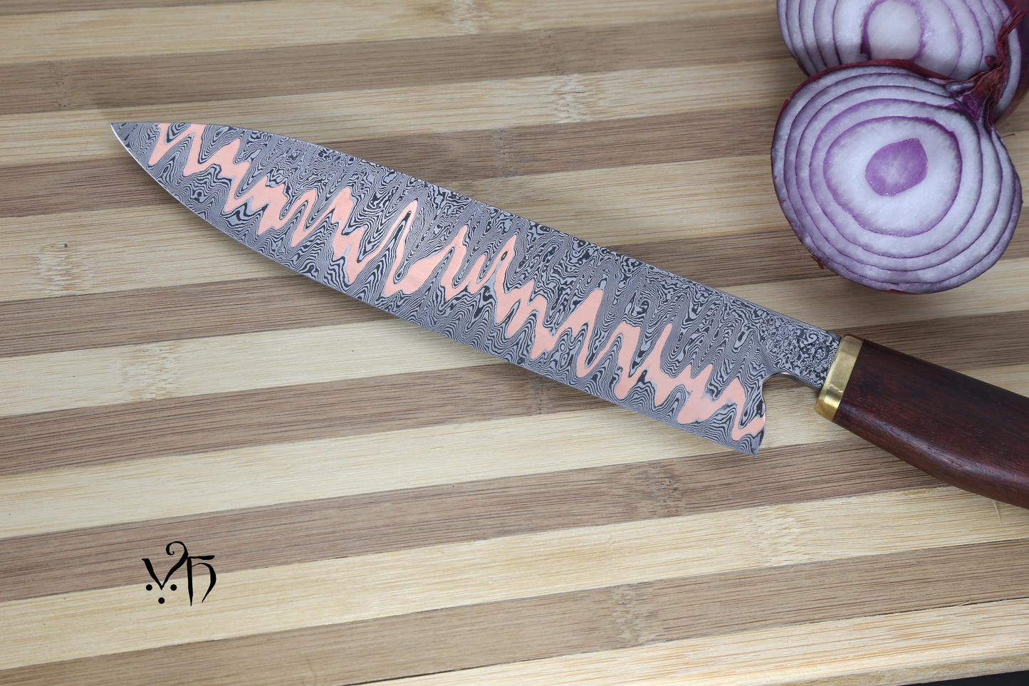 Hand Forged Kitchen Knife Gyuto Cumai 215 mm. Damascus & copper