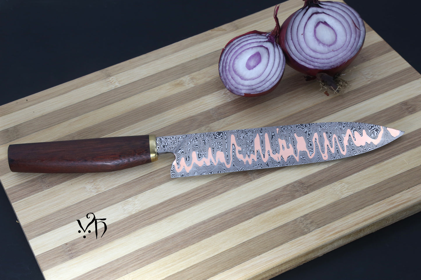 Hand Forged Kitchen Knife Gyuto Cumai 215 mm. Damascus & copper