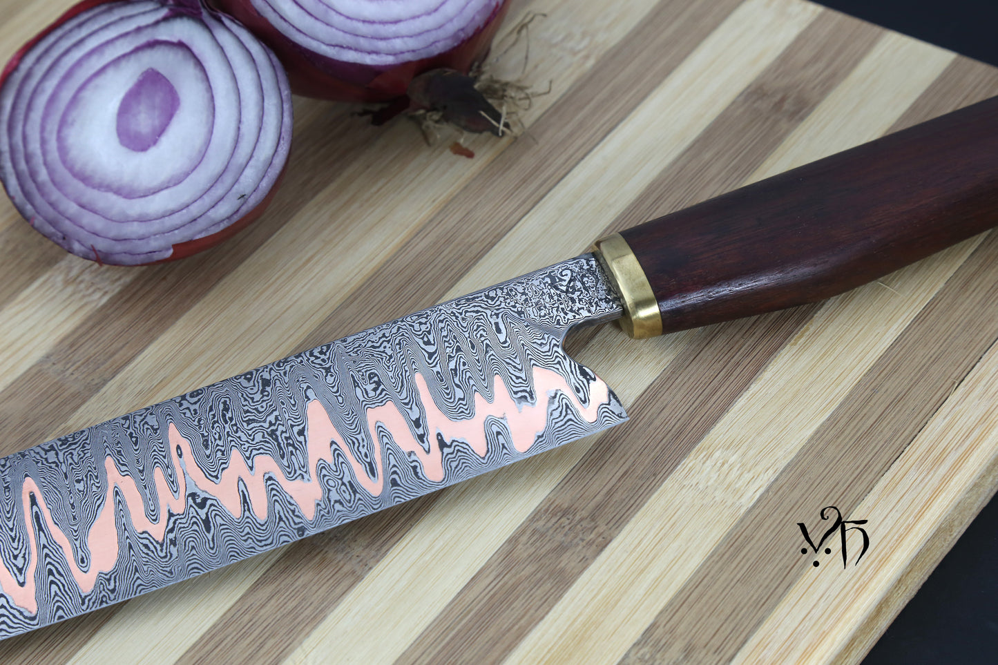 Hand Forged Kitchen Knife Gyuto Cumai 215 mm. Damascus & copper