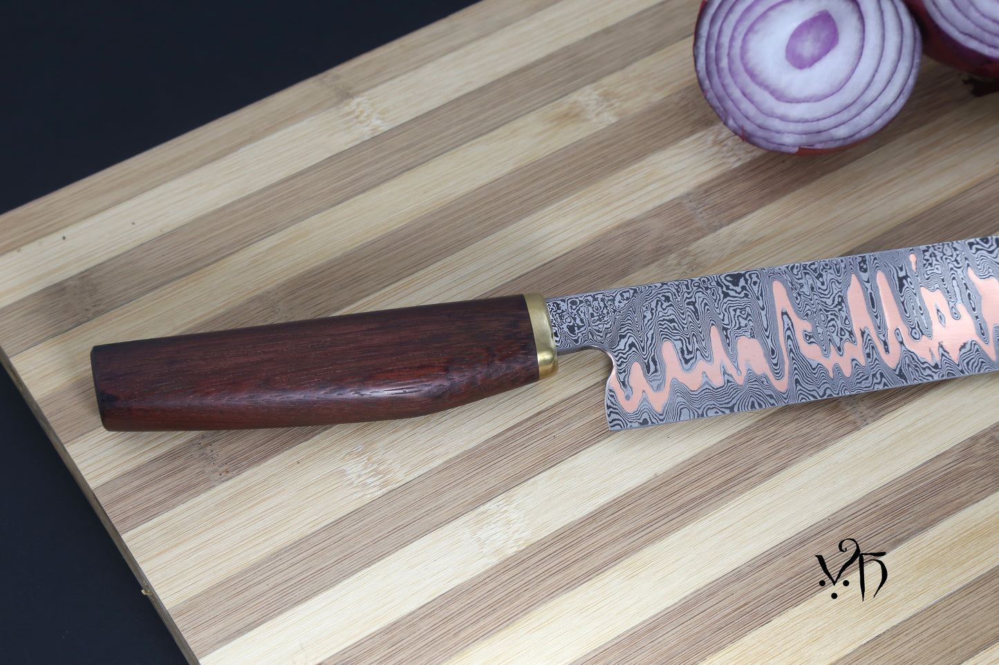Hand Forged Kitchen Knife Gyuto Cumai 215 mm. Damascus & copper