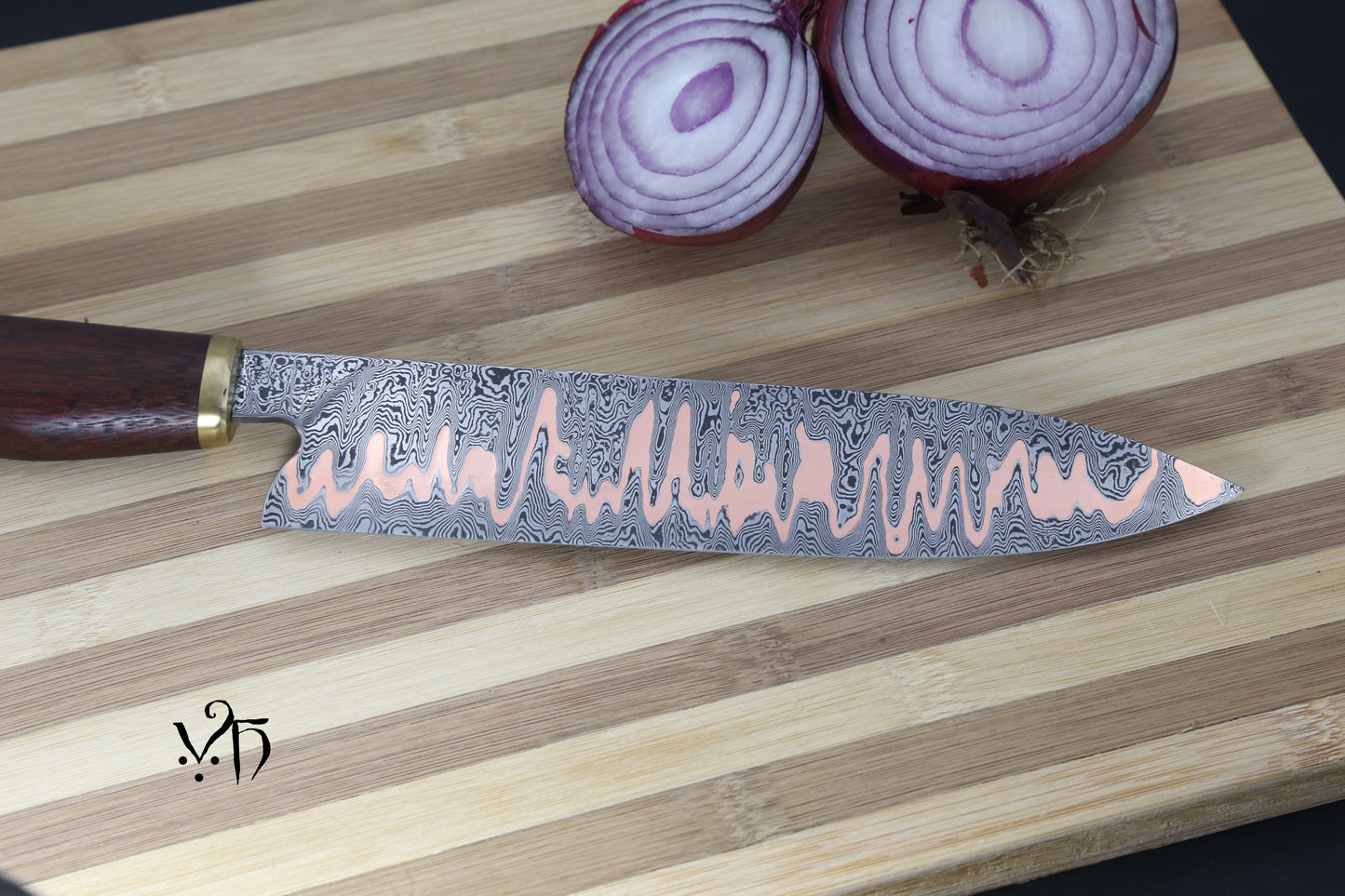 Hand Forged Kitchen Knife Gyuto Cumai 215 mm. Damascus & copper