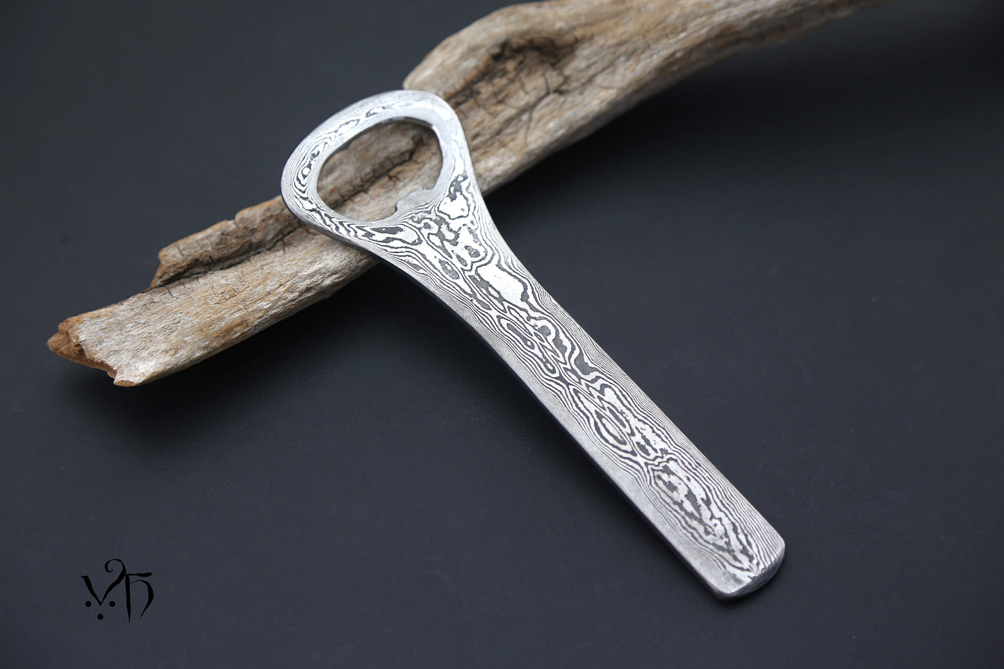Hand Forged Damascus Bottle Opener 13cm. Unique Kitchen Accessories
