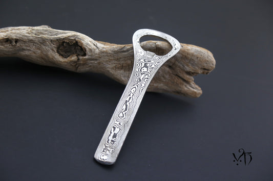 Hand Forged Damascus Bottle Opener 13cm. Unique Kitchen Accessories