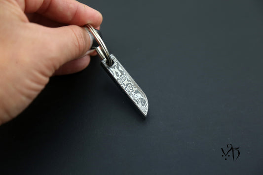 Unique Damascus Keychain. Hand Forged Gift for Blacksmithing Lovers