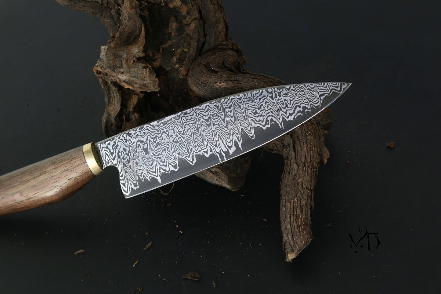 Gyuto Damascus 180 mm Carbon Steel. Hand Forged Chef Knife.
