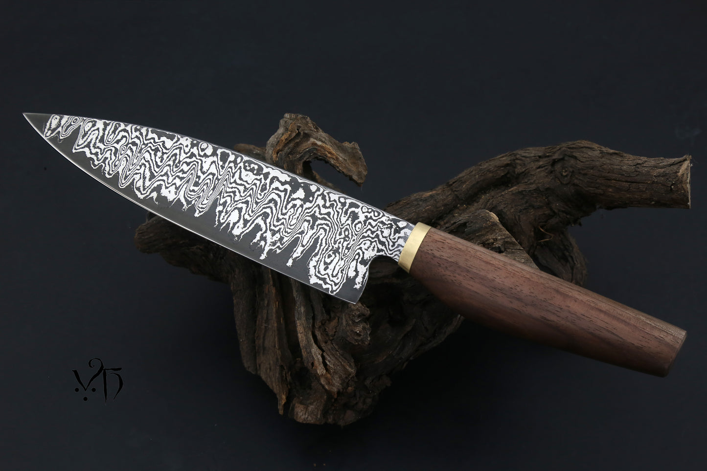 Gyuto Damascus 180 mm Carbon Steel. Hand Forged Chef Knife.