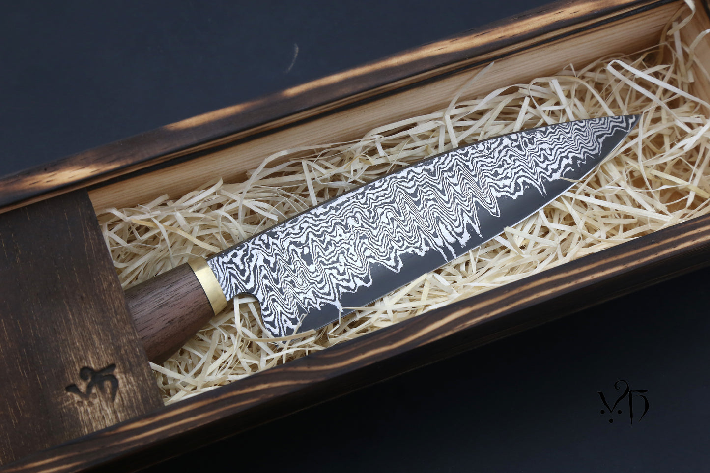 Gyuto Damascus 180 mm Carbon Steel. Hand Forged Chef Knife.