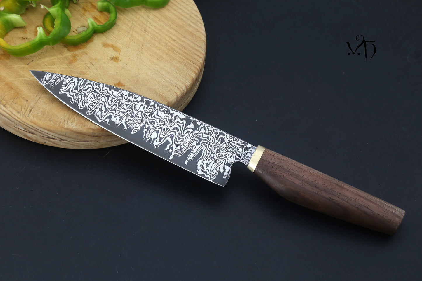 Gyuto Damascus 180 mm Carbon Steel. Hand Forged Chef Knife.