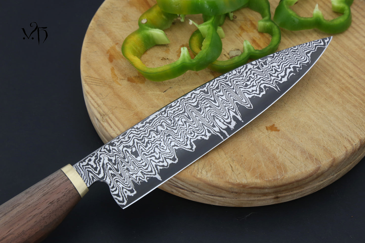 Gyuto Damascus 180 mm Carbon Steel. Hand Forged Chef Knife.