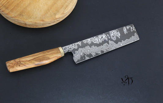 Nakiri Damascus 175mm. Hand Forged Japanese Style Chef Kitchen Knife